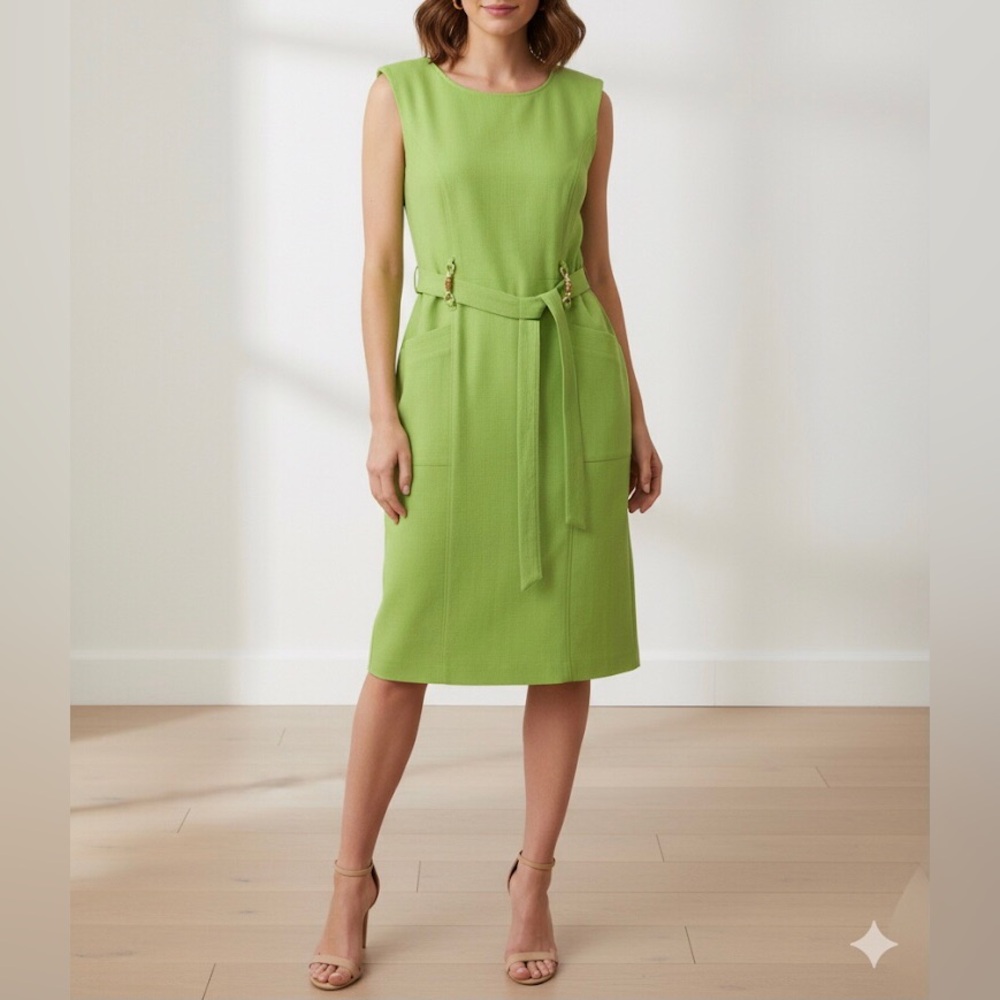 Ellen Tracy NWT Size 6 Lime Green Bamboo Buckle Sleeveless Dress Normcore Retro